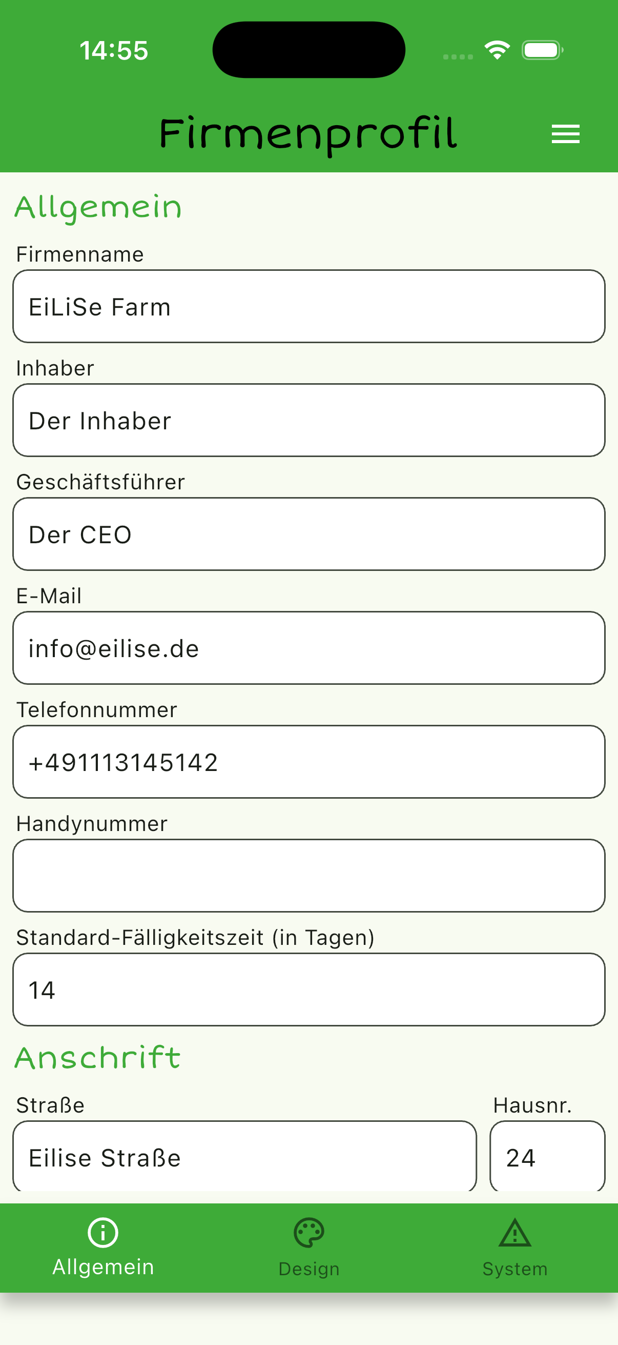 Firmenprofil mit Stammdaten