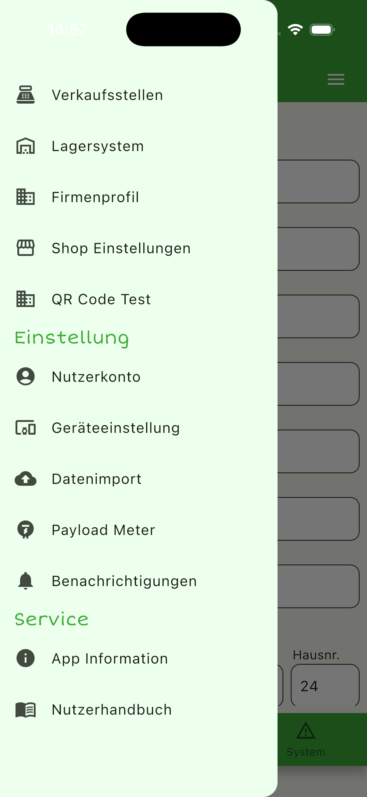 Navigation mit Firmenprofil und Shop-Einstellungen