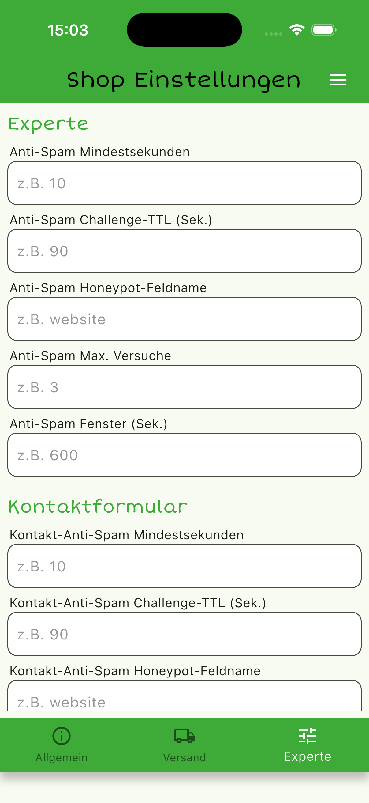 Shop-Experteneinstellungen mit Anti-Spam-Werten