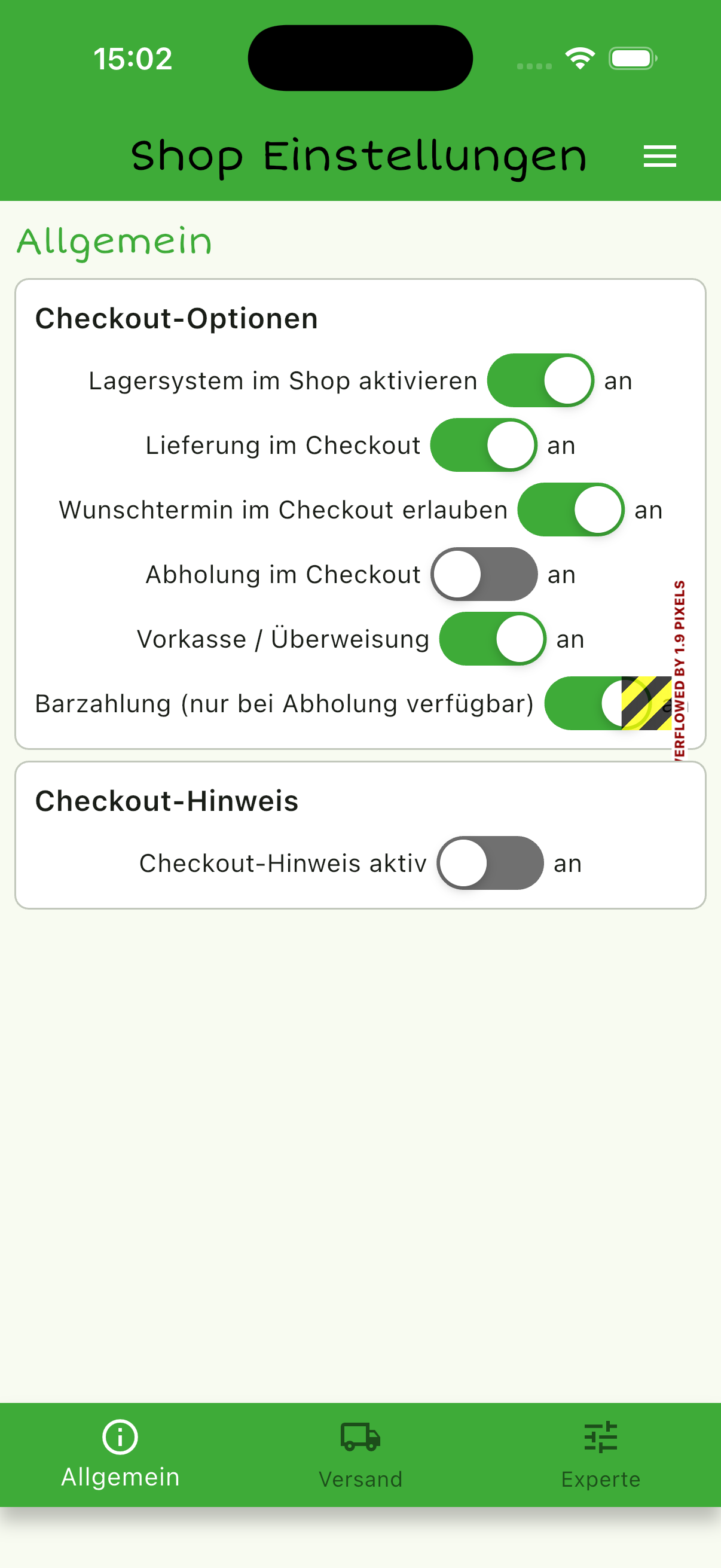 Shop-Einstellungen mit Checkout-Optionen