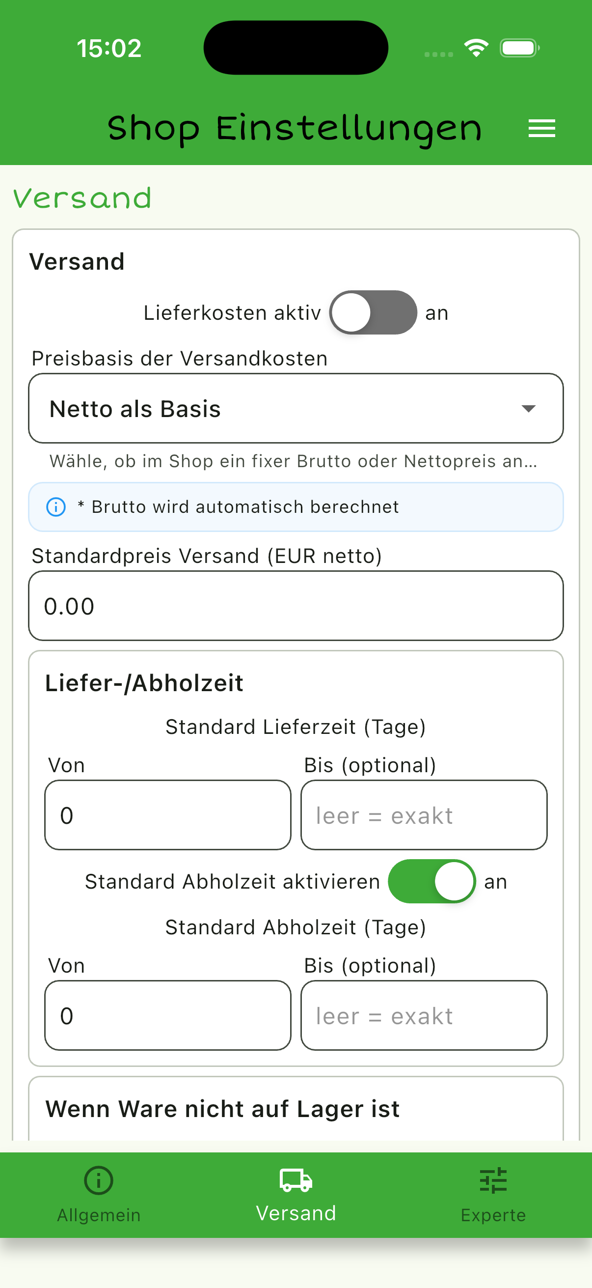 Versandkosten-Einstellungen mit Preisbasis und Lieferzeiten
