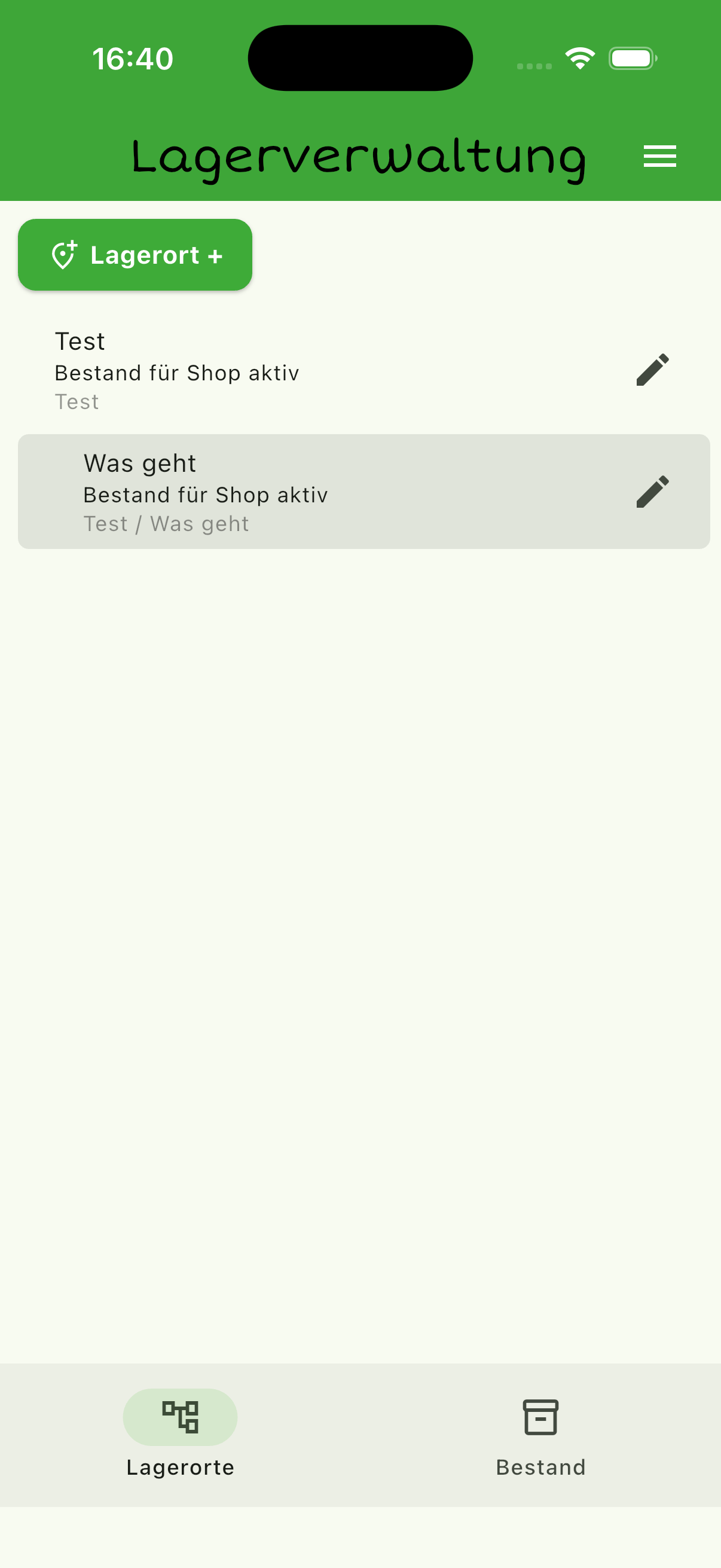 Lagerverwaltung mit Lagerorten und Shop-Bestand-Markierung
